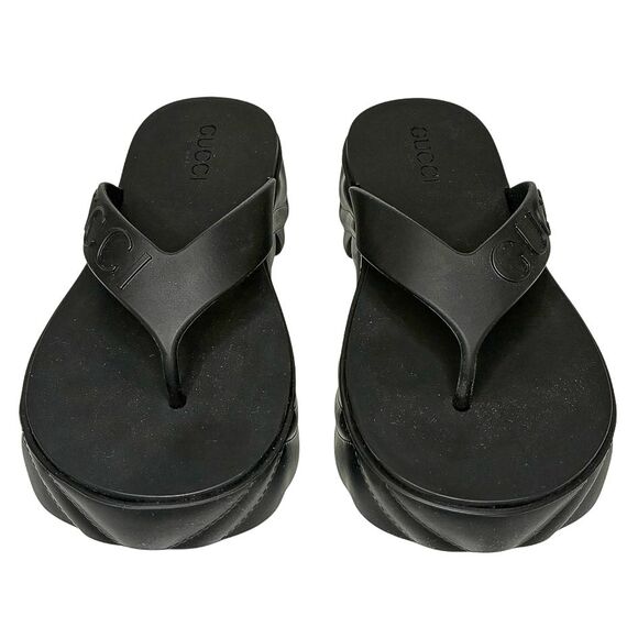 Gucci Rubber Chevron Logo Platform Thong Sandals Black Size 37 Box & Dust Bag - Picture 2 of 13